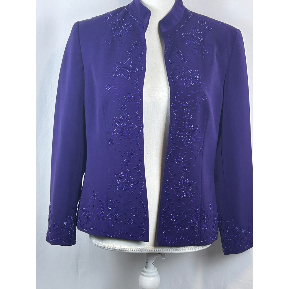 Evening Jacket Women Purple Excellent Beaded Floral Embroidery Blazer 8P